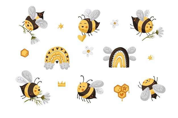 Cute bee cartoon funny vector set