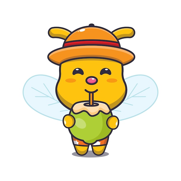 Cute bee cartoon mascot character drink coconut