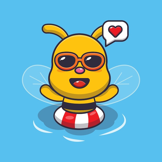 수영장에서 수영하는 귀여운 꿀벌 만화 마스코트 캐릭터