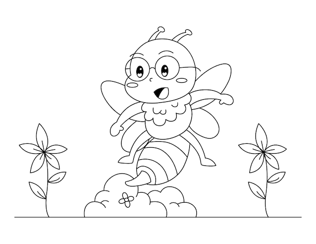 Cute bee character for kid coloring book isolated vector illustration on white background