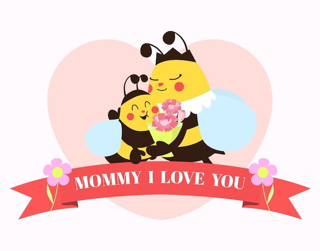 幸せな母の日の自然についてのかわいい蜂のキャラクター グラフィック ベクトル デザイン イラスト
