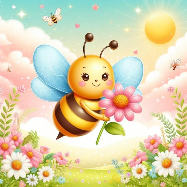 Vector cute bee flies with a flower