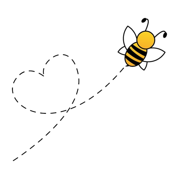 Vector cute bee flying. heart dotted lines path.