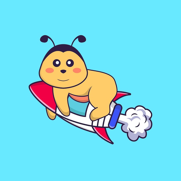 Cute bee flying on rocket. animal cartoon concept isolated.