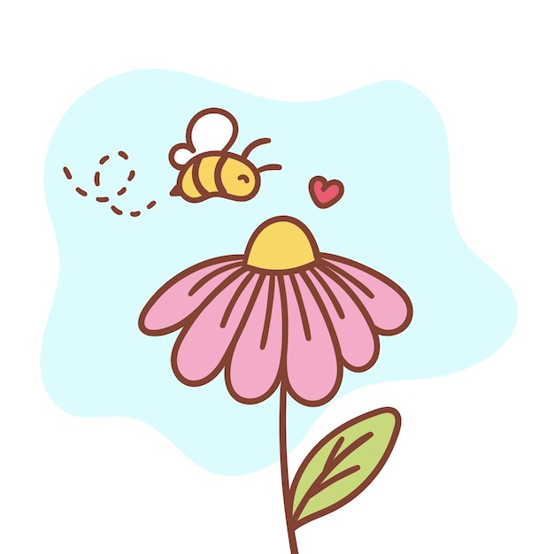 Vector a cute bee flying towards a flower flower and bee hand hand drawing of a bee pollinating a flower