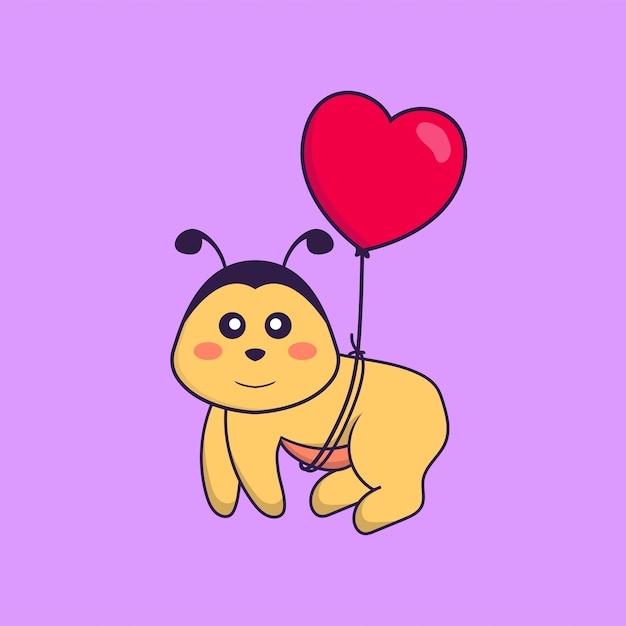 Cute bee flying with love shaped balloons. Animal cartoon concept isolated.