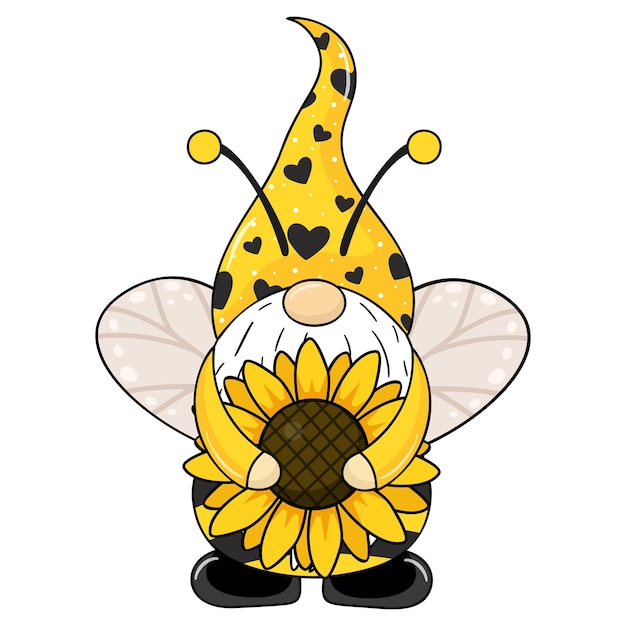 Cute bee gnome Vector illustration isolated on white Dwarf with a sunflower Sunflower gnome