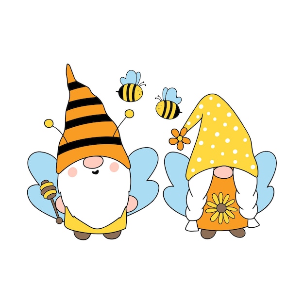 Vector cute bee gnomes happy bee gnome vector hand drawn illustration