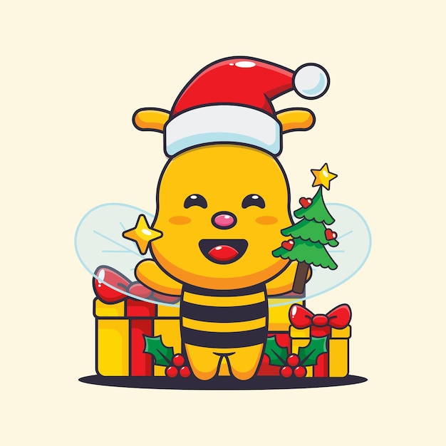 Cute bee holding star and christmas tree. Cute christmas cartoon illustration.