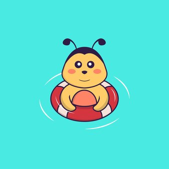 L'ape carina sta nuotando con una boa concetto di cartone animato animale isolato