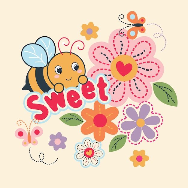 Vector cute bee on nature background with flowers vector