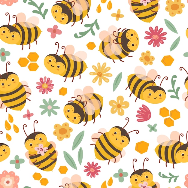 CYNLON Cute Bee Seamless Pattern Honey Vector Illustration Flying