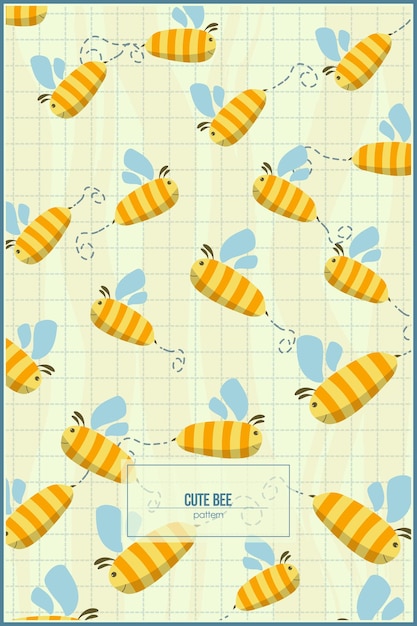 鮮やかな黄色の背景と薄い長方形の線で可愛いミツバチのパターン