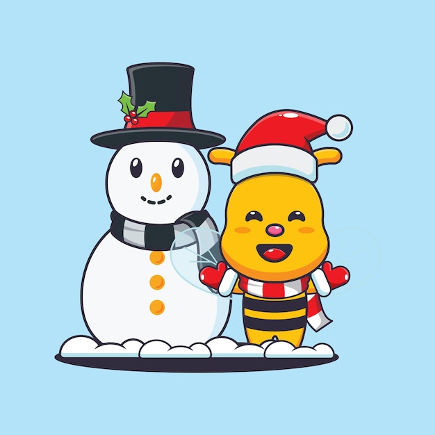 雪だるまと遊ぶかわいいミツバチ。かわいいクリスマス漫画イラスト。