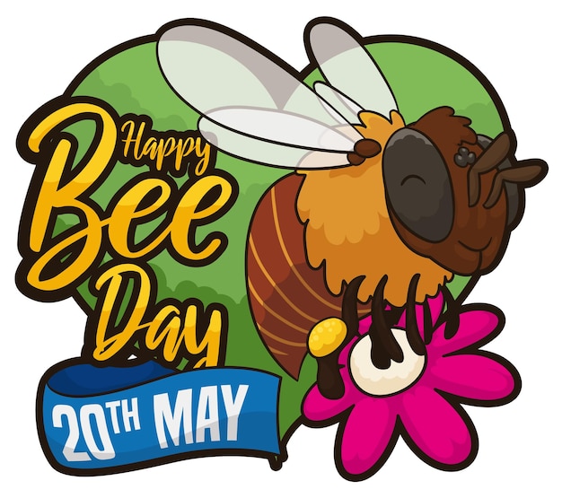 Vector cute bee posed in a flower over green heart and ribbon celebrating bee day this 20th may