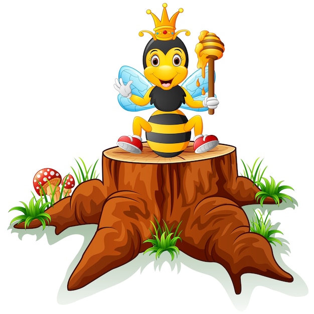 나무 그 루터기에 포즈를 취하는 귀여운 꿀벌