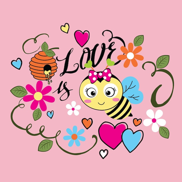 Милая пчела с красивой цветочной векторной иллюстрацией
