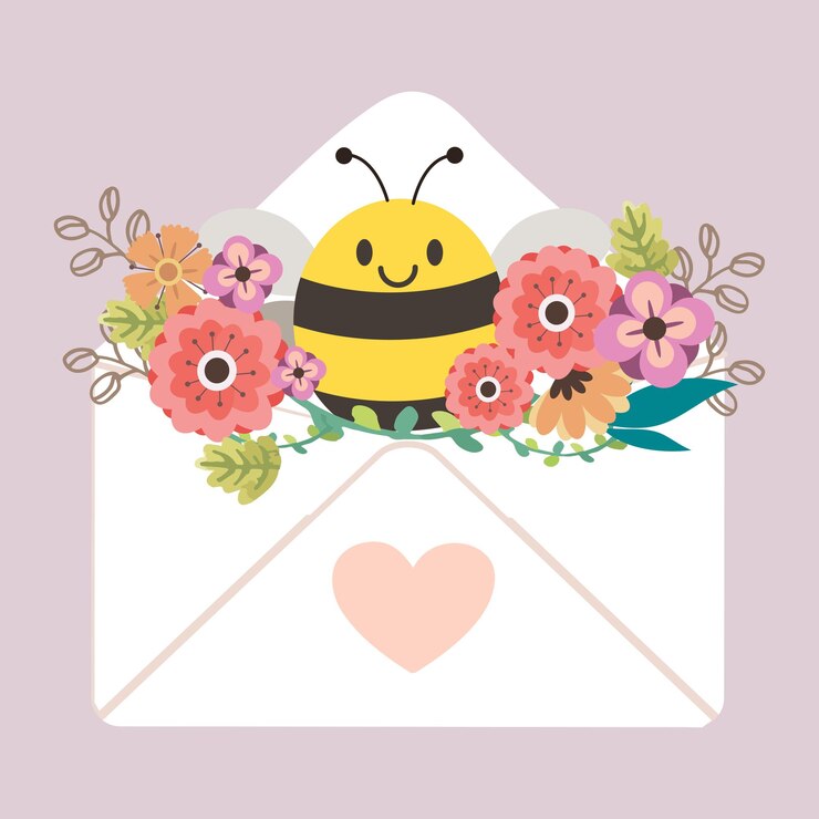 Cute bee with colorful flowers inside an envelope with a heart on it on a light purple background