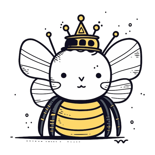 Vector cute bee with crown vector illustration in doodle style