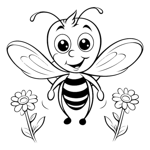 Cute bee with flowers Vector illustration Black and white