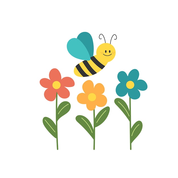 Cute bee with flowers on white background Vector for kids