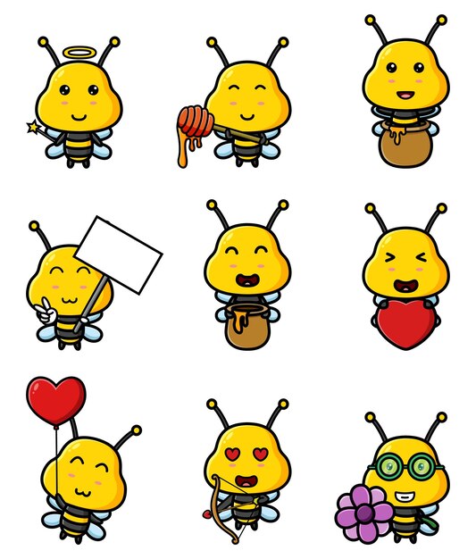 Vector the cute bee with the honey of the mascot bundle set of illustration