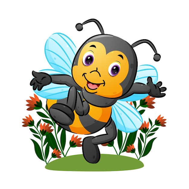 The cute bee with with the transparent wing is dancing in the garden of illustration