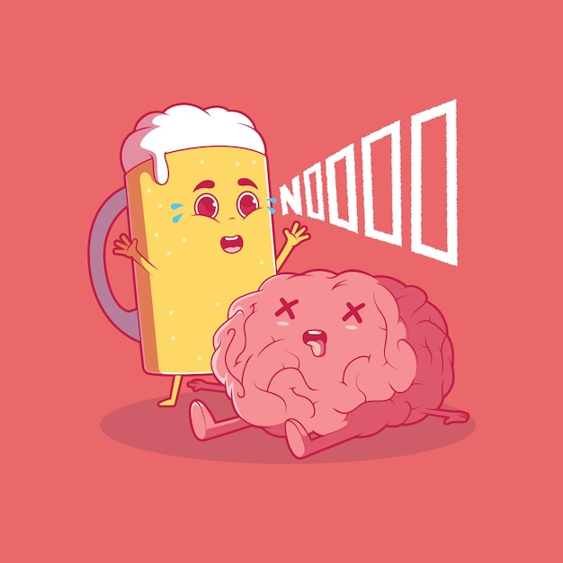 Cute Beer mug and brain character vector illustration Party alcohol funny design concept