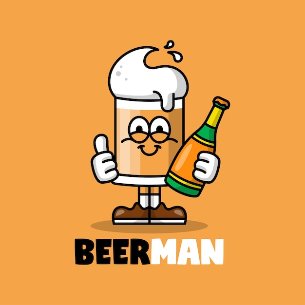 Cute beerman is bringing a bottle of beer cartoon mascot