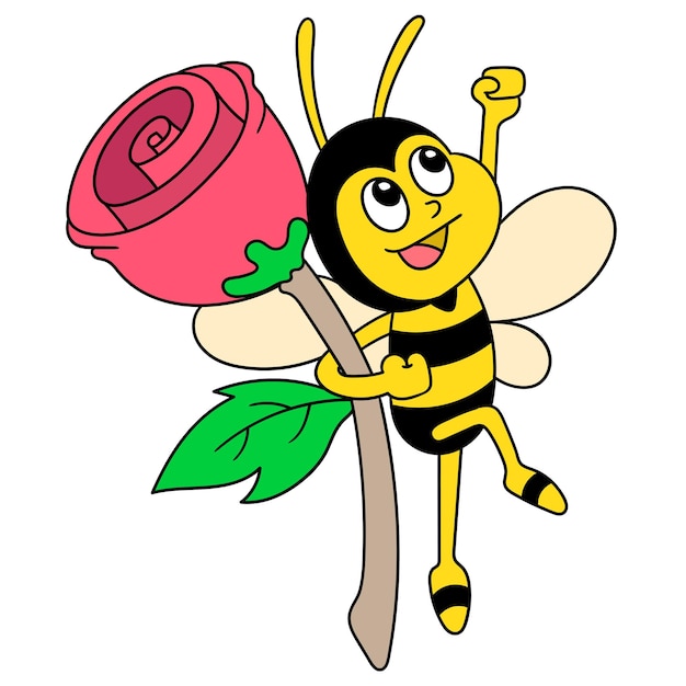 날아다니는 장미를 들고 있는 귀여운 꿀벌들, 캐릭터 귀여운 낙서들이 그립니다. 벡터 일러스트 레이 션