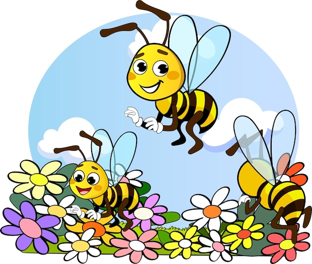 cute bees collect honey from flowers