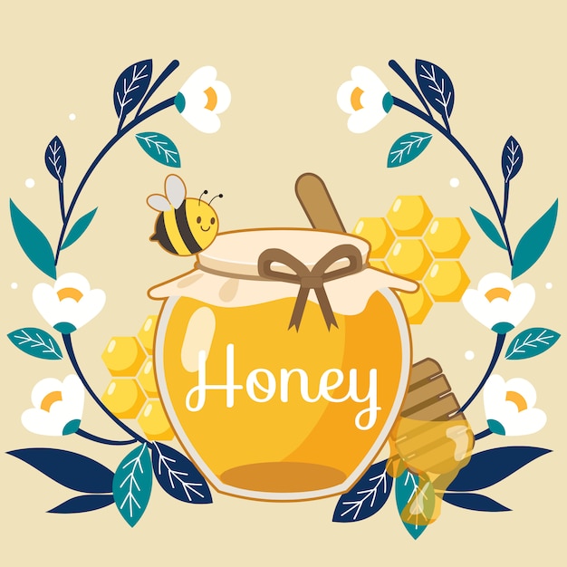 Cute bees flying on a honey jar in a flower wreath