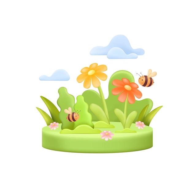 초원 3D 그림에서 꽃을 수분하는 귀여운 꿀벌