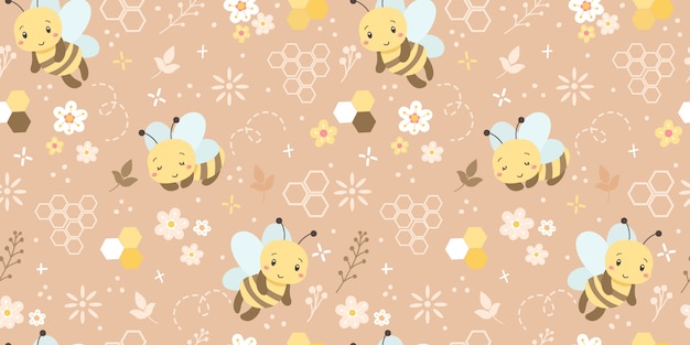 Cute bees seamless pattern