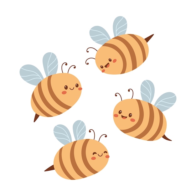 Cute bees set fly. vector illustration of doodle bee in flat style.