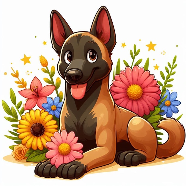 벡터 귀여운 벨기에 말리노이 개와 꽃 터 만화 일러스트레이션