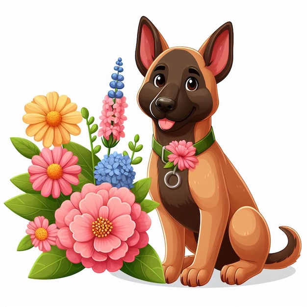 Вектор Милая бельгийская малинойская собака и цветы векторная мультфильмная иллюстрация