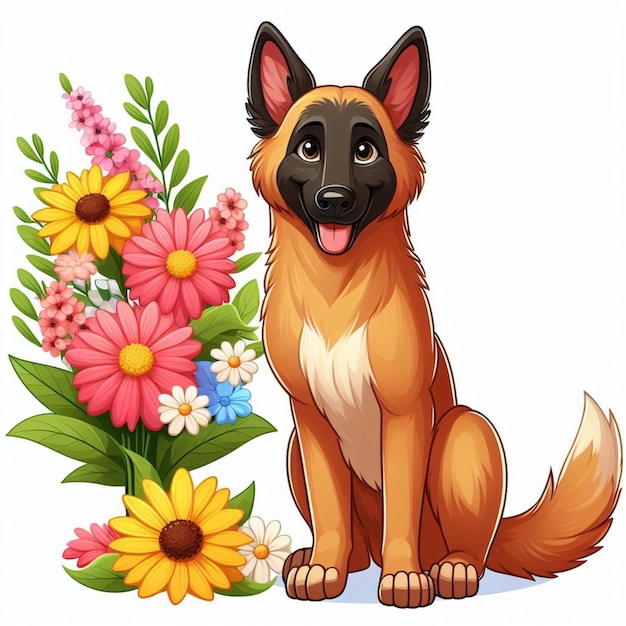 귀여운 벨기에 말리노이 개와 꽃 터 만화 일러스트레이션