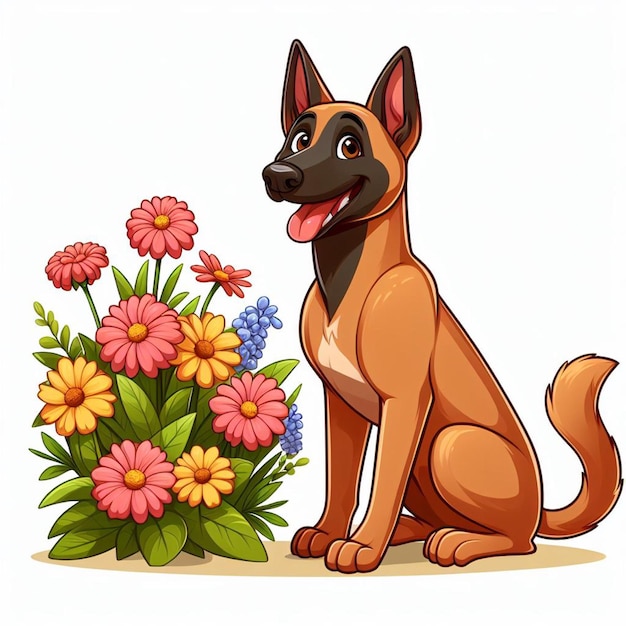 Cute Belgian Malinois Dog and Flowers Vector Cartoon illustration