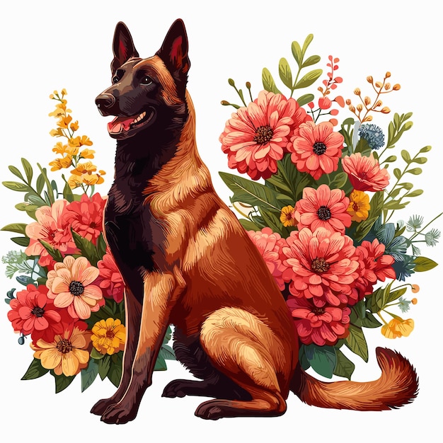 Cute belgian malinois dog amp flowers vector style