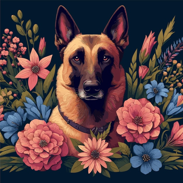 Cute Belgian Malinois dog amp flowers Vector Style