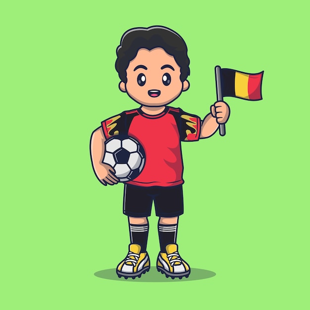 Cute Belgium Soccer Player in kit with holding flag and ball cartoon vector icon illustration.
