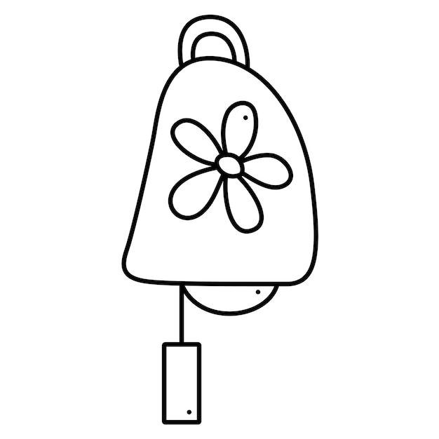 Cute bell with flower Doodle vector black and white illustration