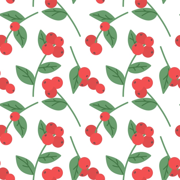 Cute berries and green leaves seamless pattern. nature elements print. isolated on white vector illustration.