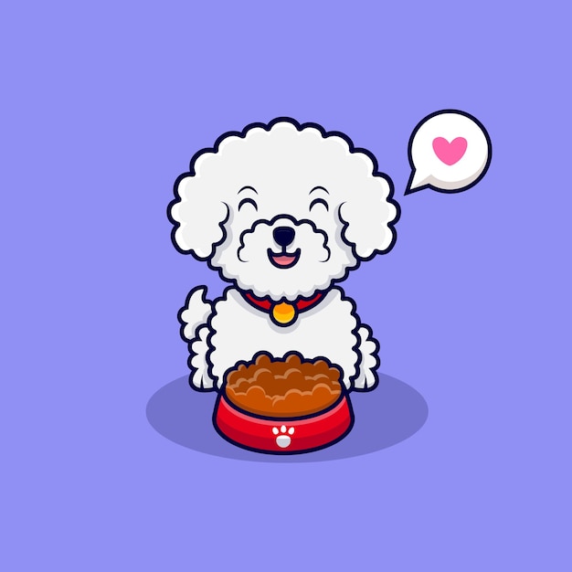 Vector cute bichon frise dog  loves eating food cartoon icon illustration