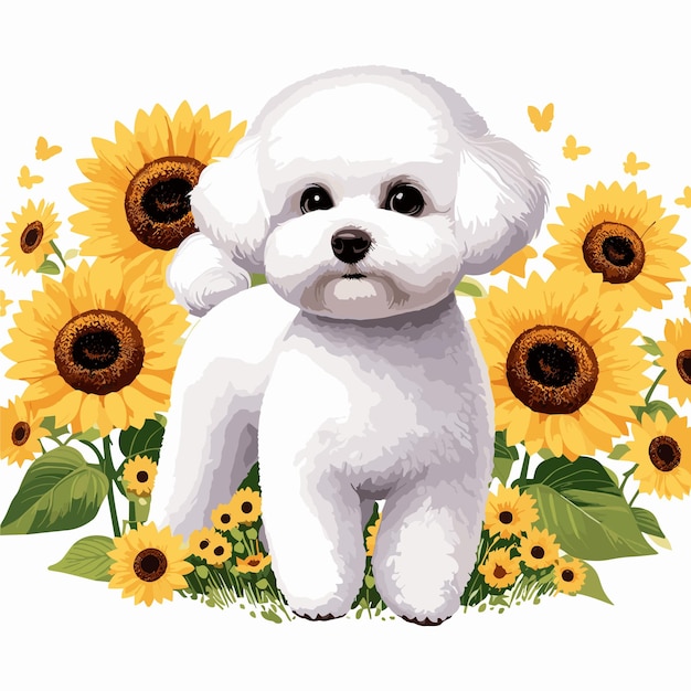 可愛いBichon Frise犬とSunflowersアニメ ベクトルスタイルの白い背景