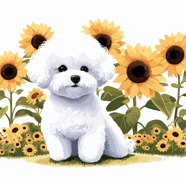 Cute Bichon Frise dog and Sunflowers cartoon Vector Style white background