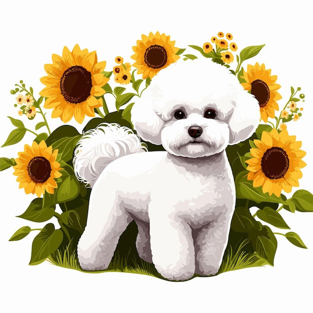 可愛いBichon Frise犬とSunflowersアニメ ベクトルスタイルの白い背景