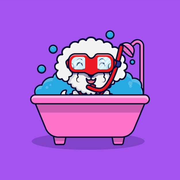 Vector cute bichon frise dog wearing goggle in bathtub cartoon icon illustration