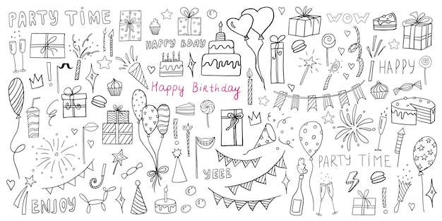 Cute big celebration clipart set in doodle style Party time clipart with gifts delicious cake